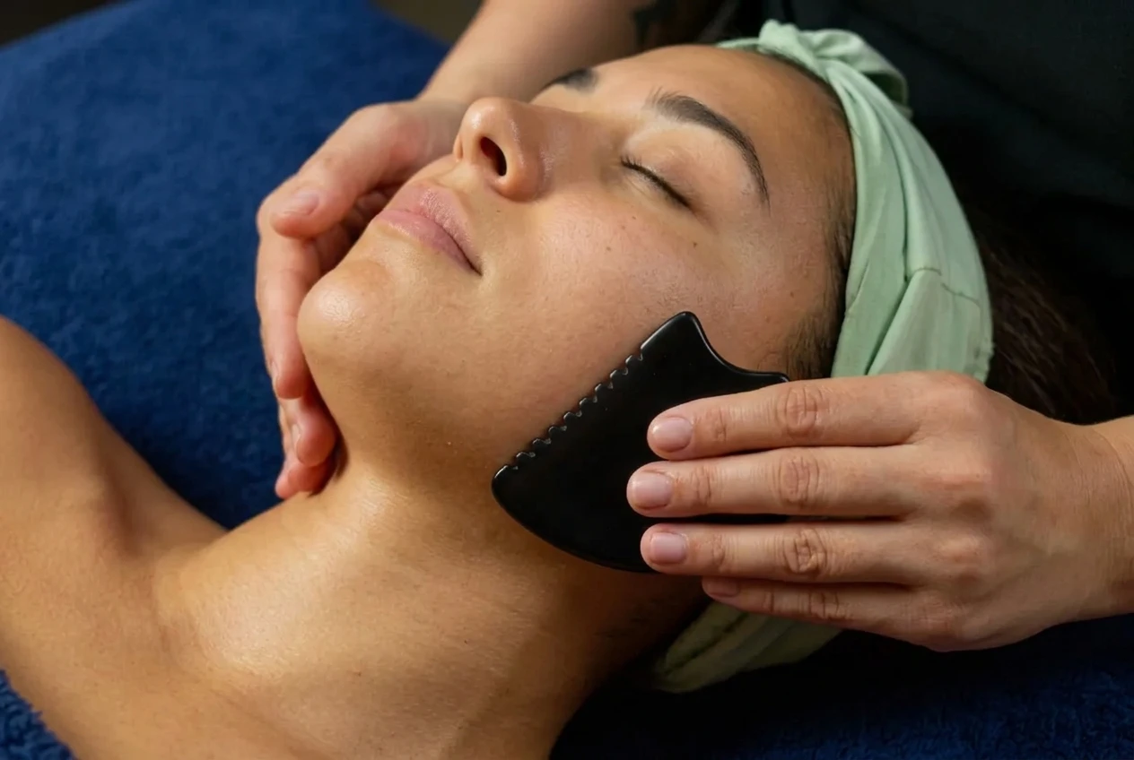 Gua sha treatment on jawline at Central Coast Red Coral Spa