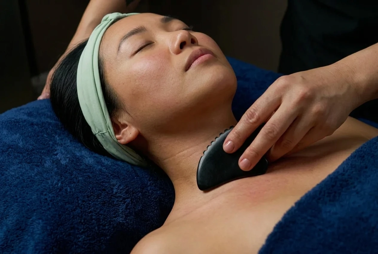Gua sha technique applied to neck and collarbone area