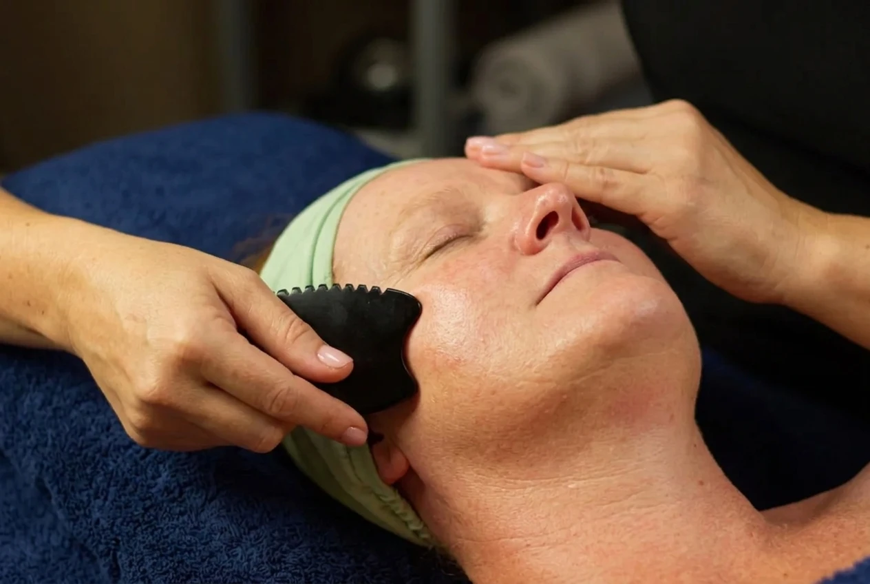 Gua sha stone tool used on face during spa treatment