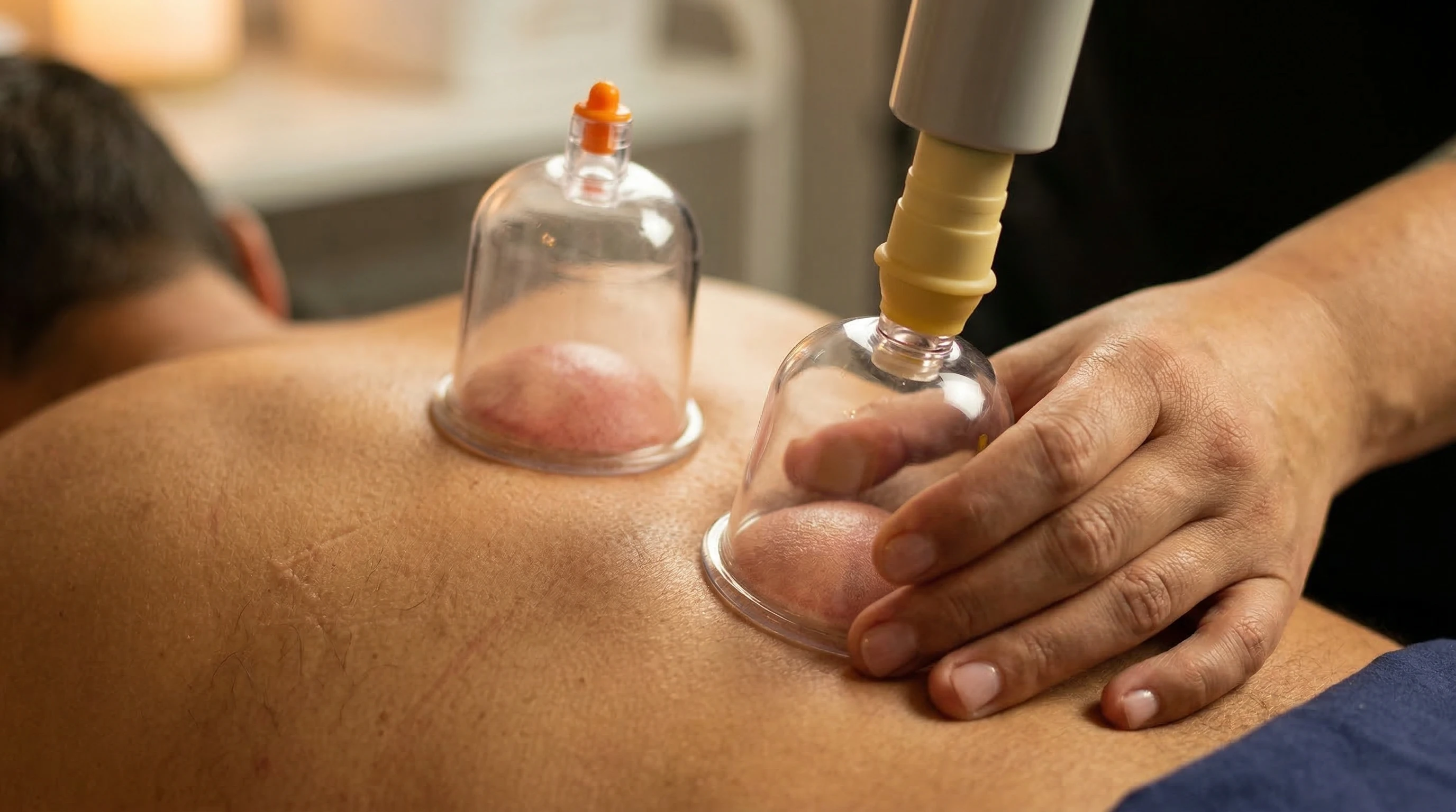 Close-up of cupping therapy showing suction cups on patient's back