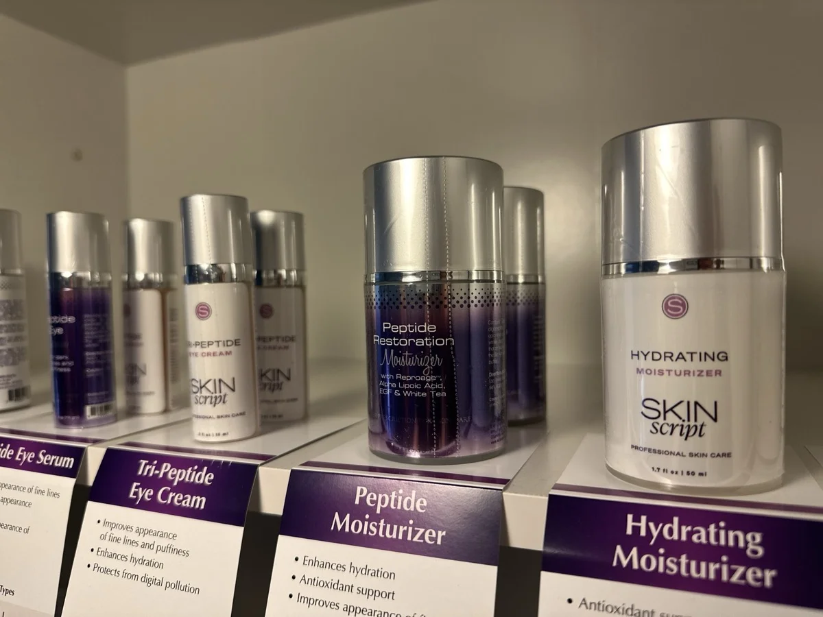 Skin Script Tri-Peptide Eye Cream and moisturizers at Red Coral Spa
